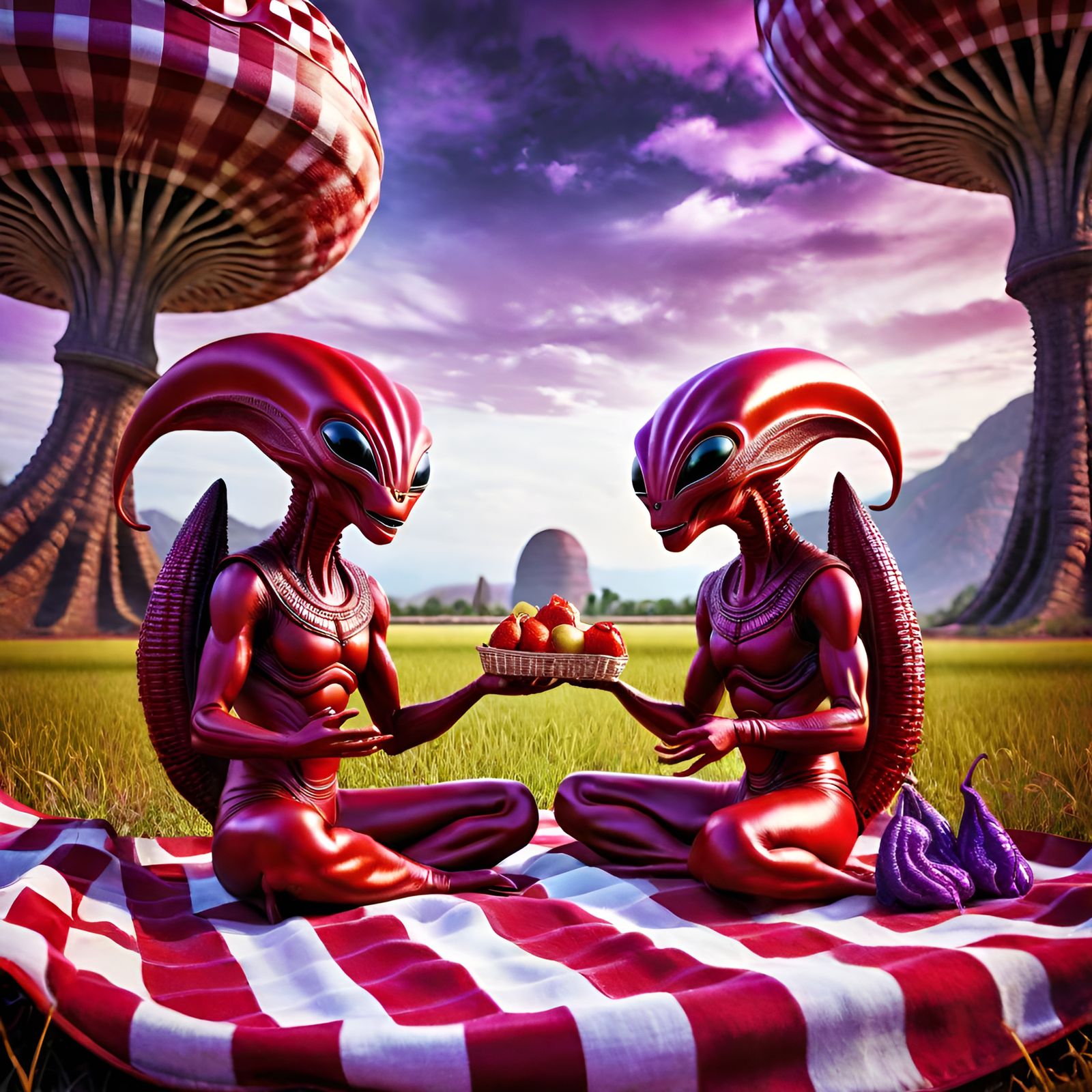 Exotic Alien Picnic in a Hyperrealistic Landscape