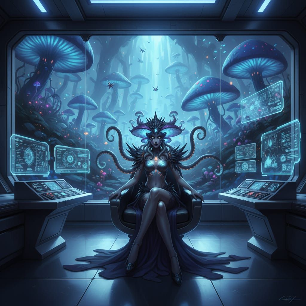 Sci-Fi Leader in High-Tech Office Overlooking Alien World