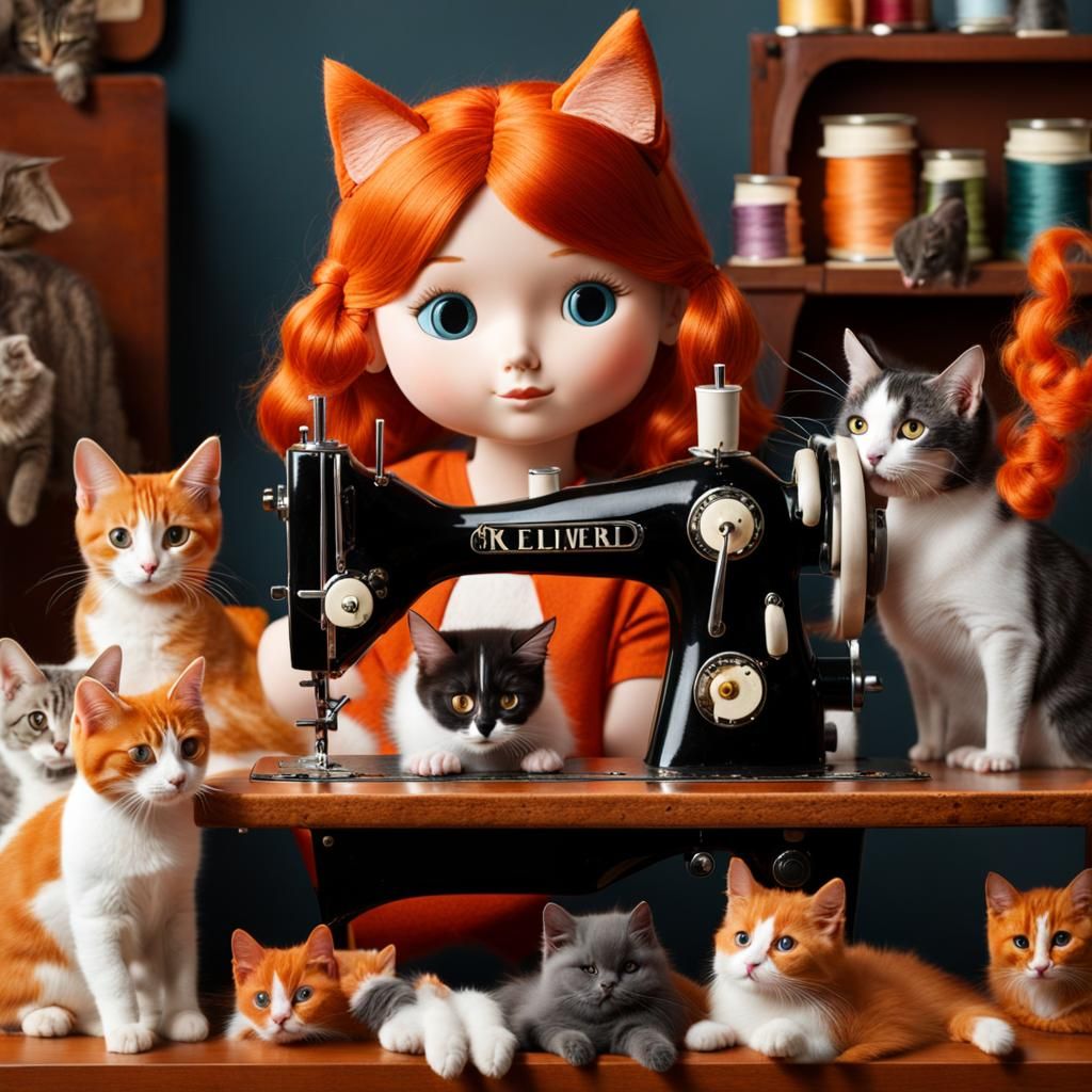 Redhead Girl Sewing with Cats in Studio