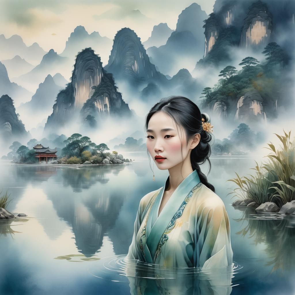 Ethereal Woman in Guilin: Chinese Watercolor Photorealism