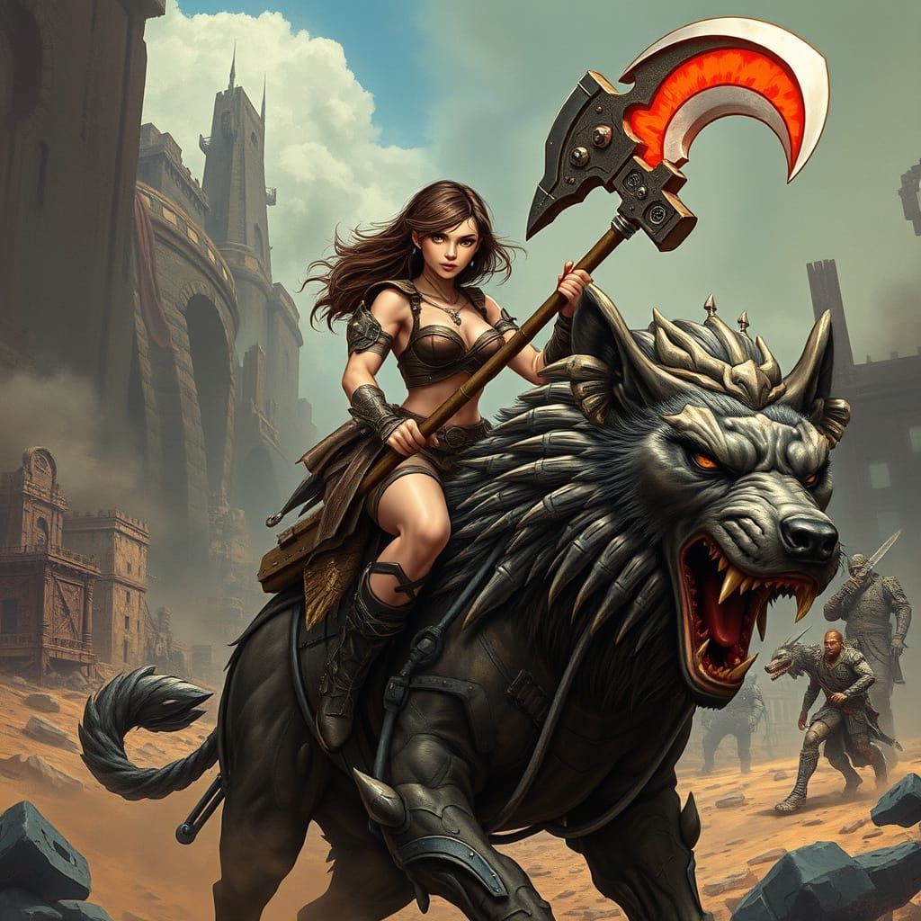 Armored Warrior Rides Giant Wolf in Wasteland