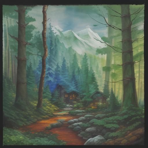 Forest Nook in Mountains: Gouache Watercolor Impression