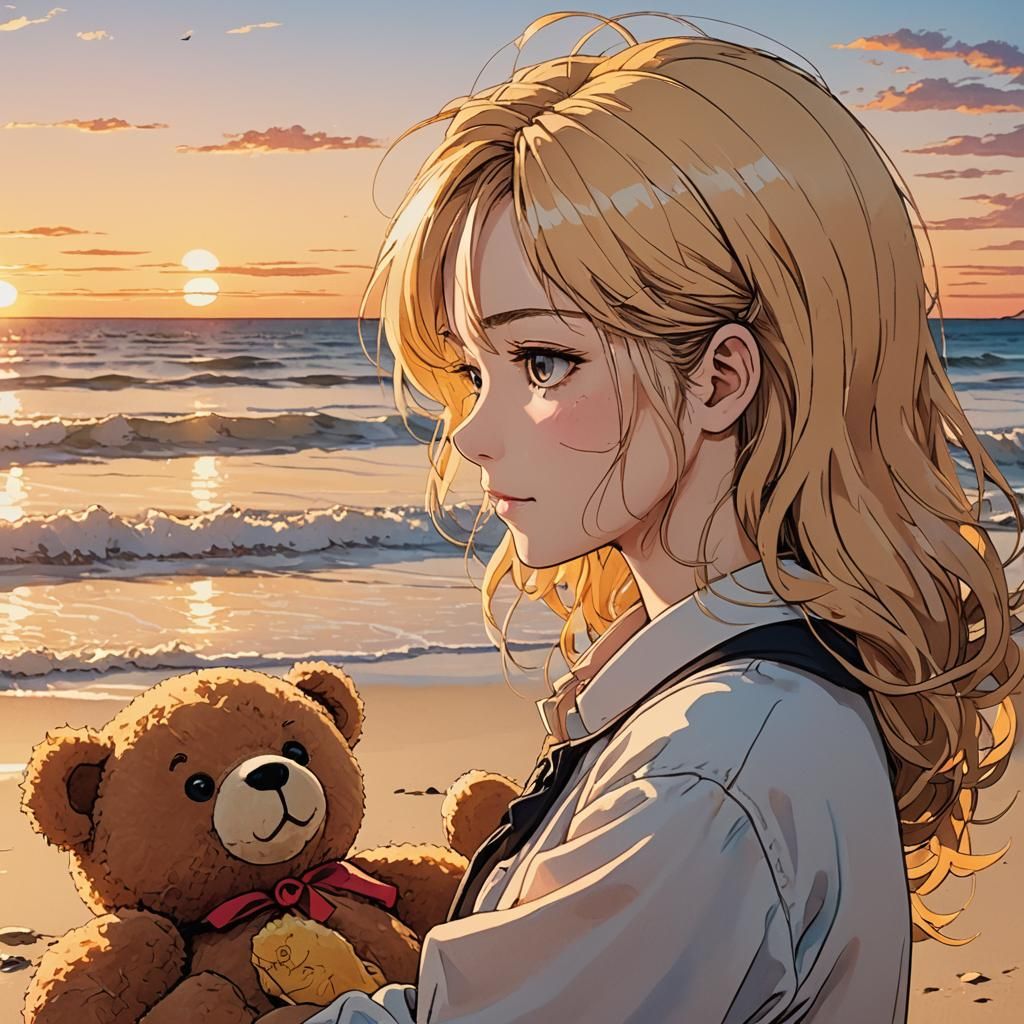 Woman and Teddy Bear Watch Anime Sunset