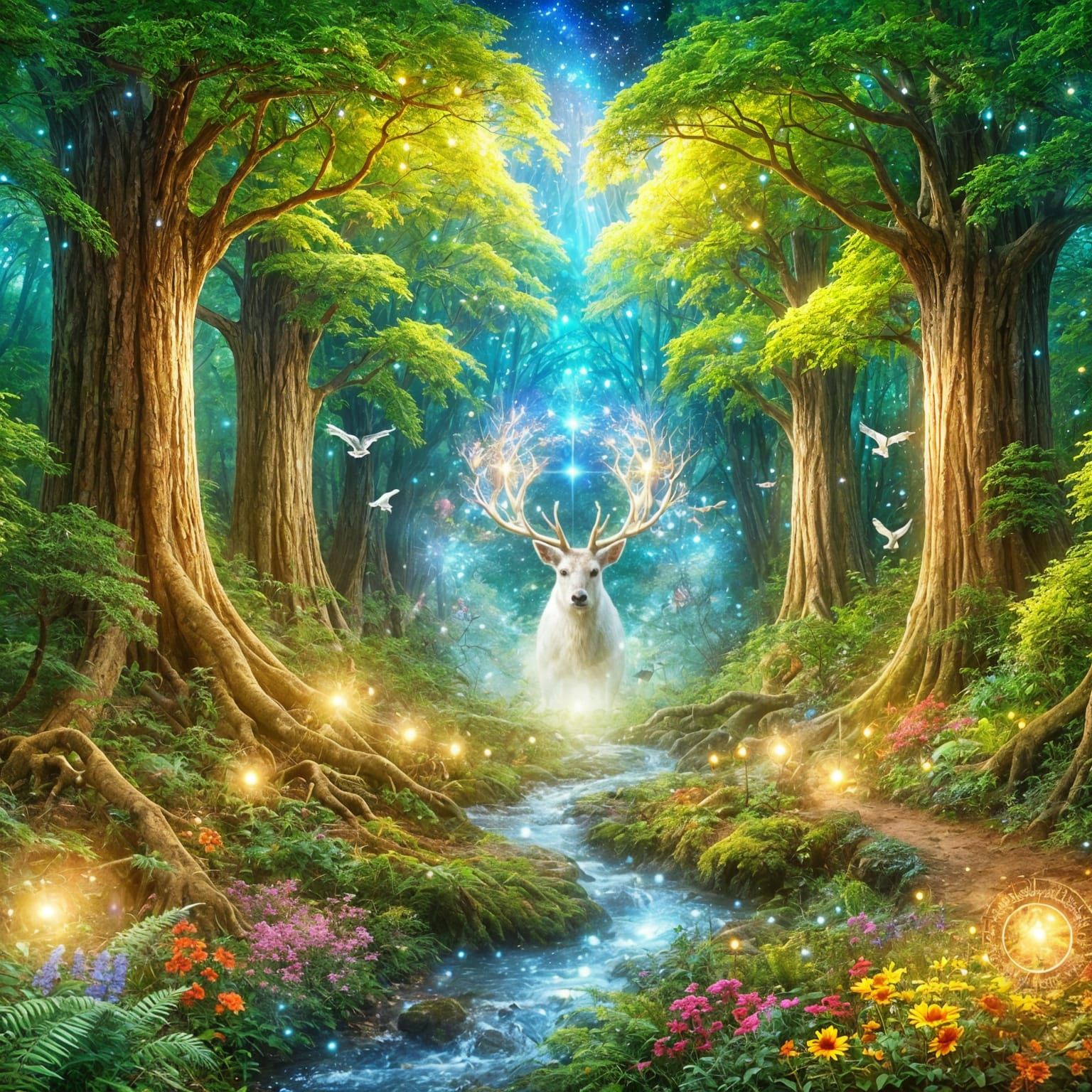 Cosmic Animal Guide in an Enchanted Forest Glade