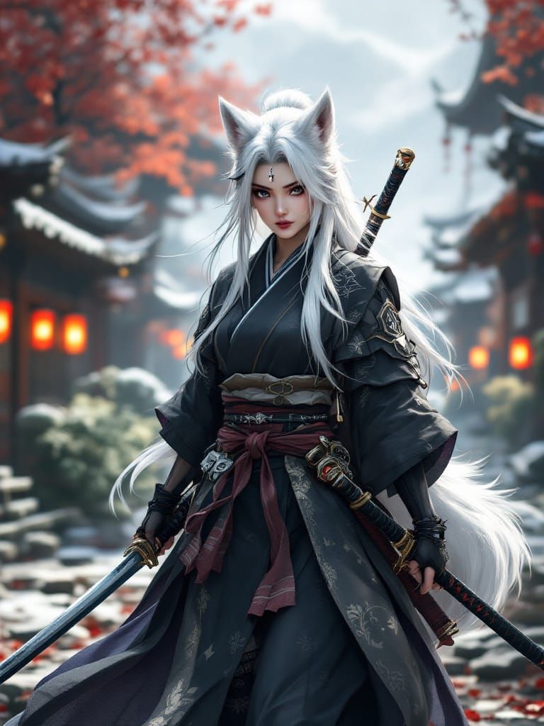 Wolfie wearing Japanese Shinobi Shozoku, and carrying two Japanese Katanas