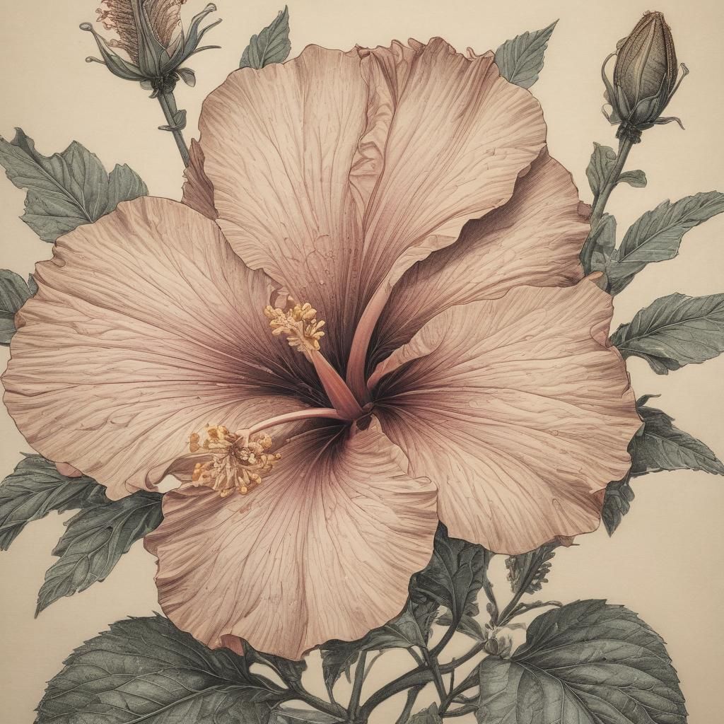 Thespesia Grandiflora in Intaglio Etched Illustration