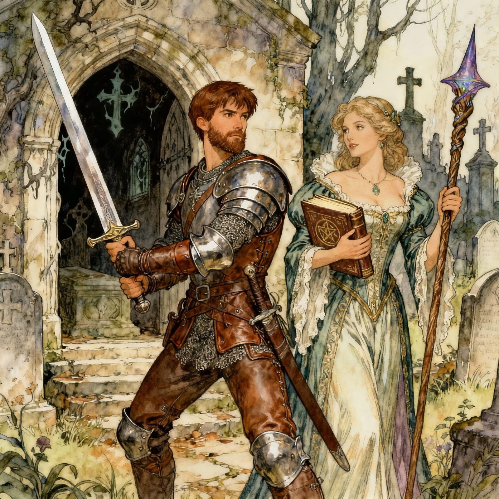 Medieval Adventurers at Cursed Crypt Entrance