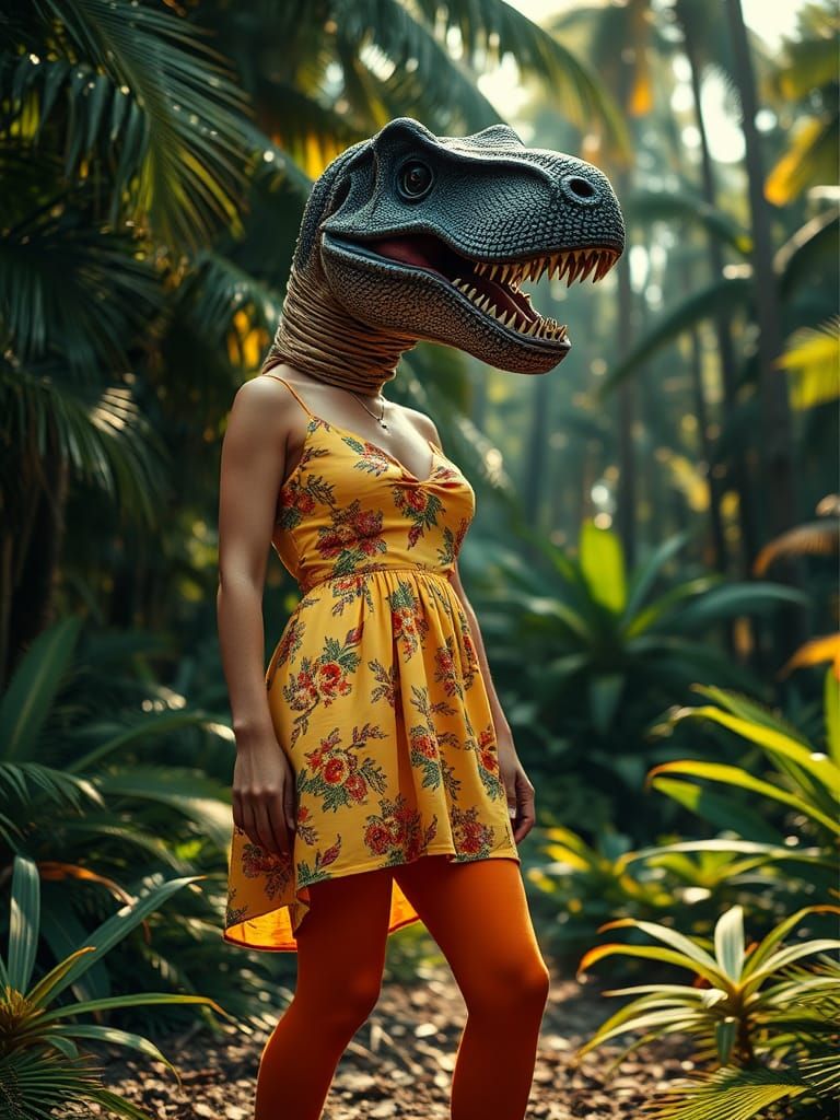 Woman in T-Rex Mask in Jungle, Fine Art Photography