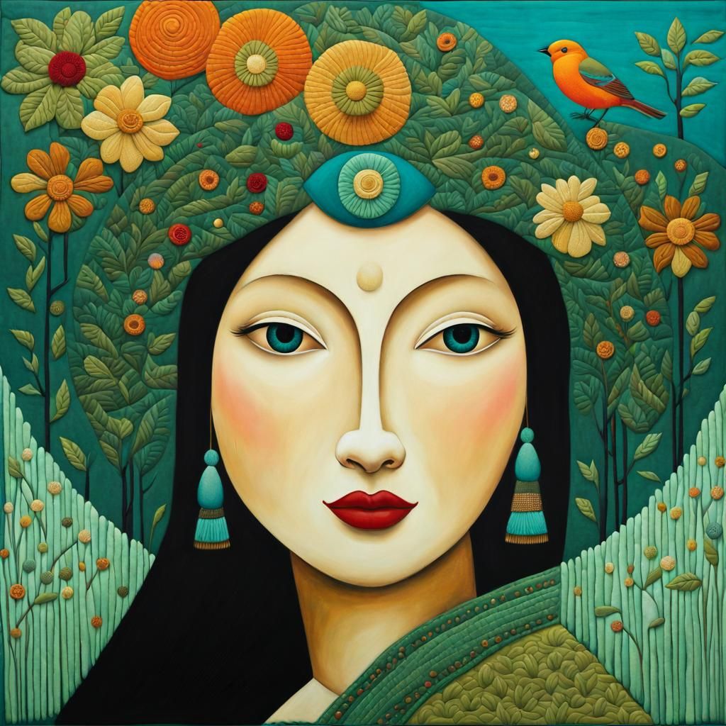 Enchanted Forest Quilt Artwork in Art Brut Style