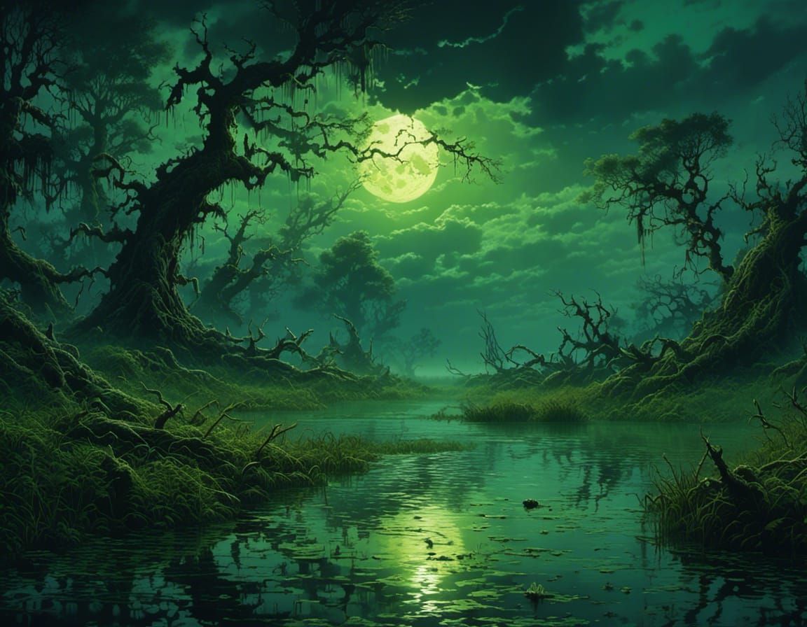 Eerie Swamp in Moonlight: Dark Fantasy Concept Art