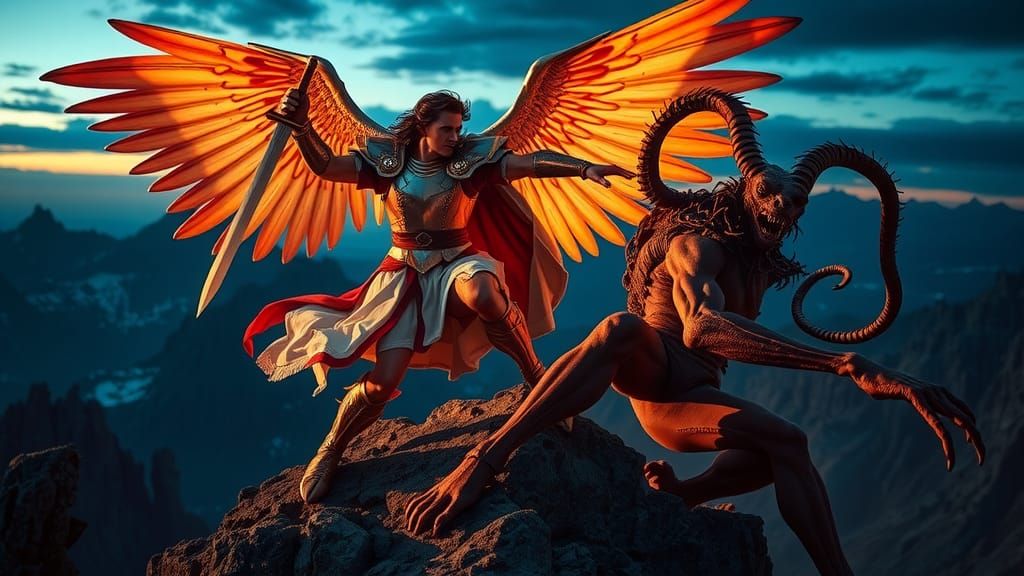 Archangel Michael Strikes Down Demon at Twilight