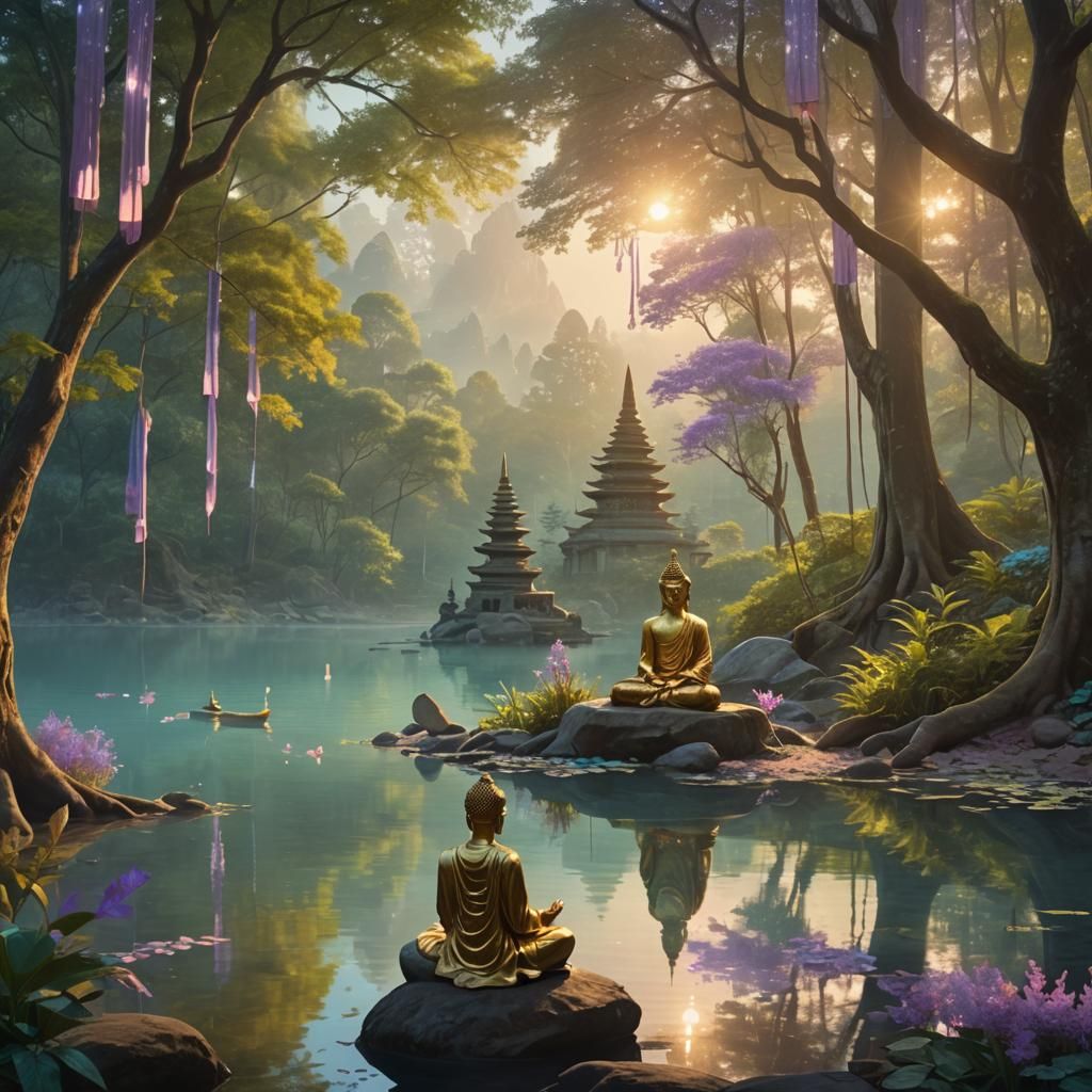 Meditative Figure in Glimmering Forest Landscape