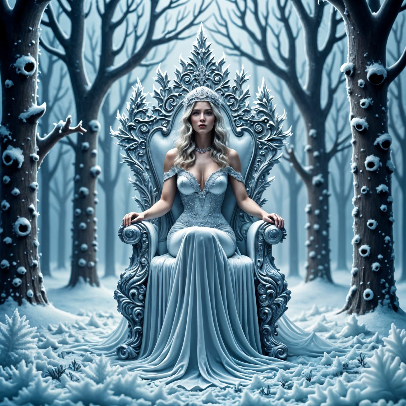 Surreal Winter Goddess Sits on Frosty Throne amidst Snowy Wo...