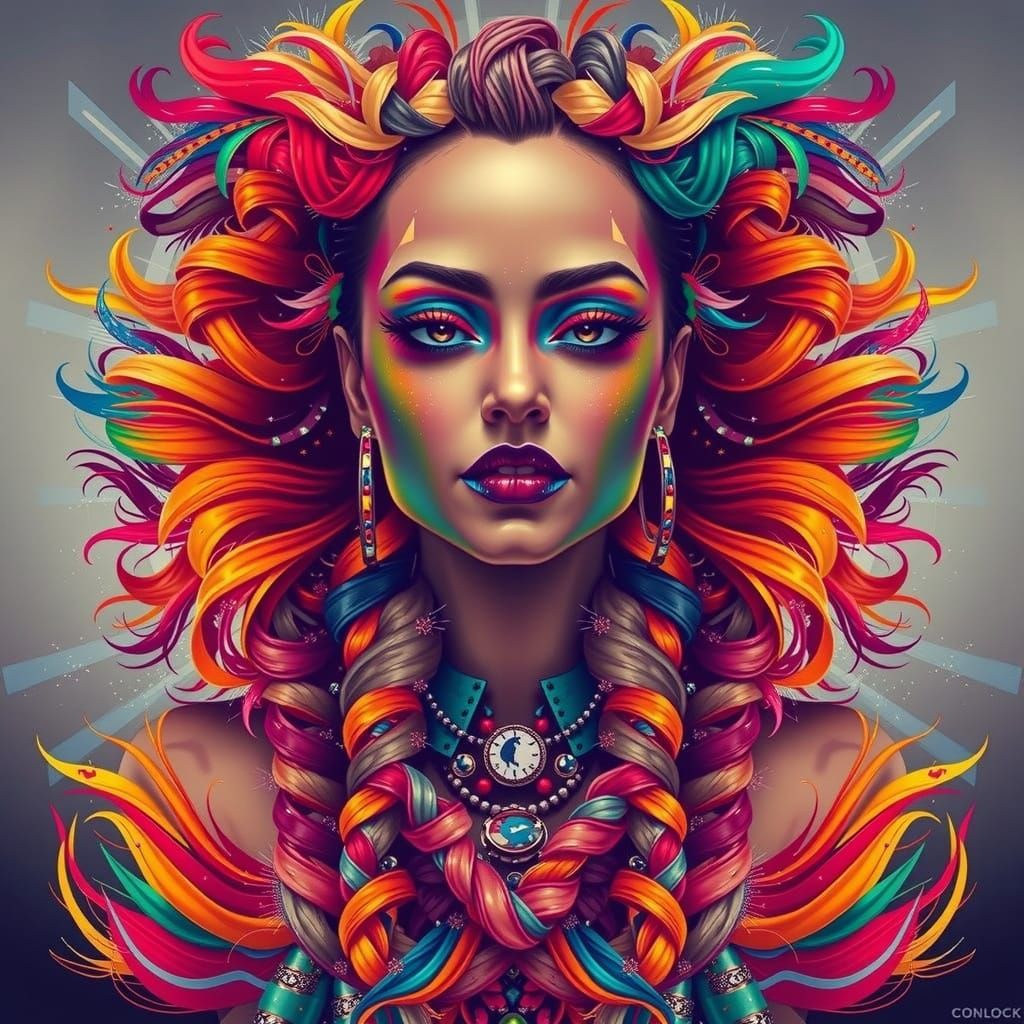 Vivid Portrait of Woman with Rainbow Braids and Colorful Mak...