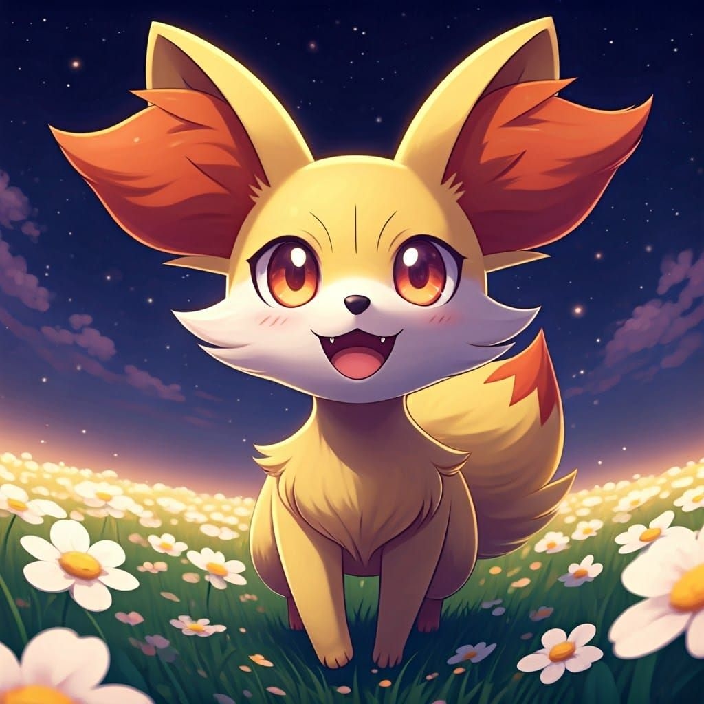Cute Anime Chibi Fennekin in Flowery Field