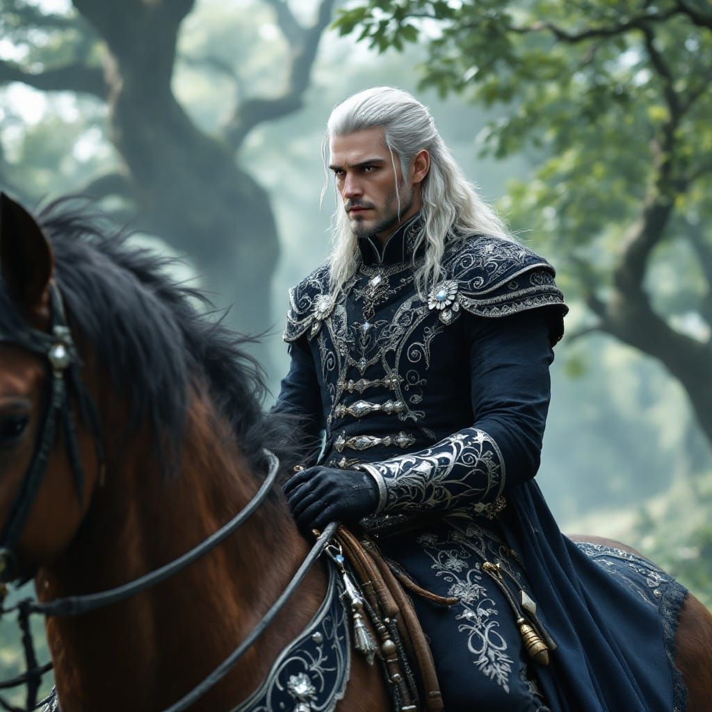 Gothic Anime: Geralt on Horseback in Mystical Forest