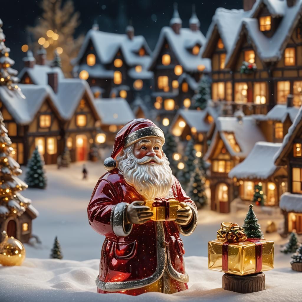 Glass Santa Claus Sculpture in Snowy Village