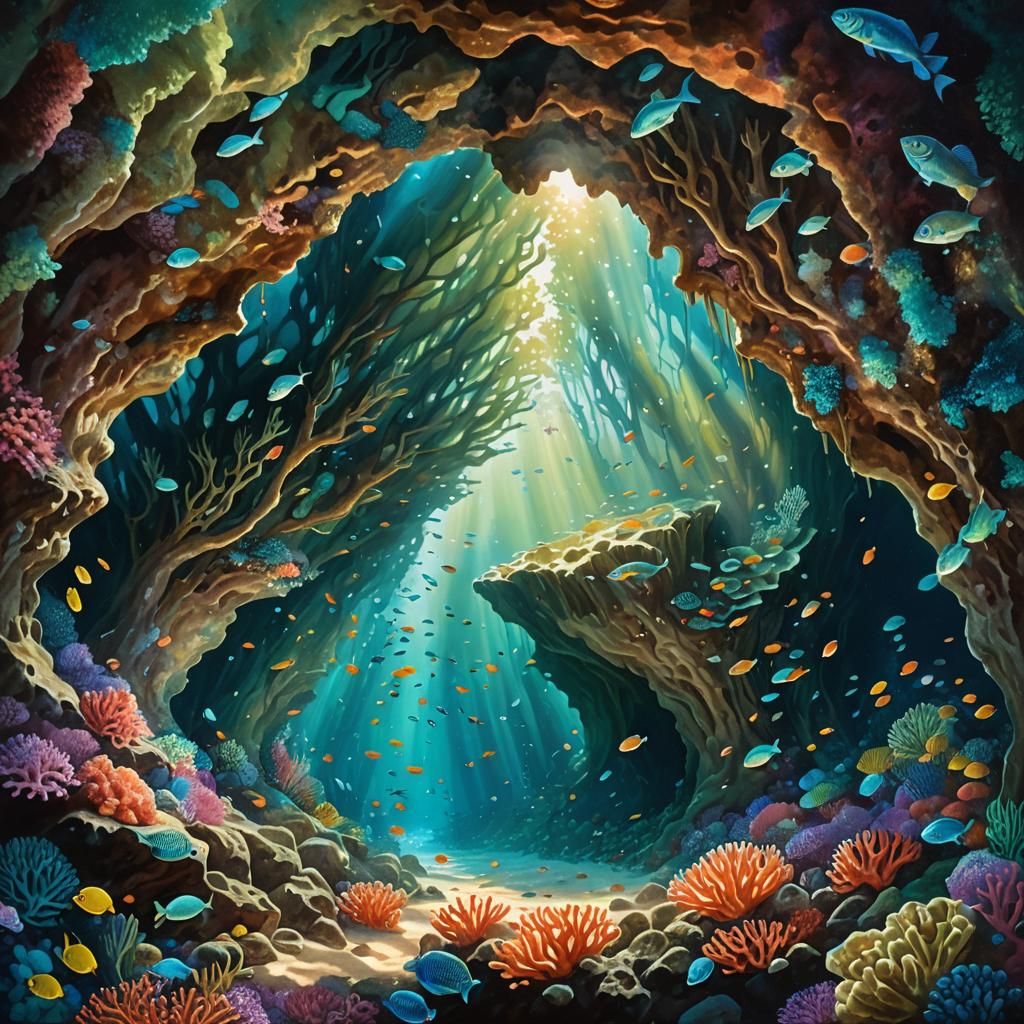 Vibrant Coral Cave: A Surreal Oil Painting