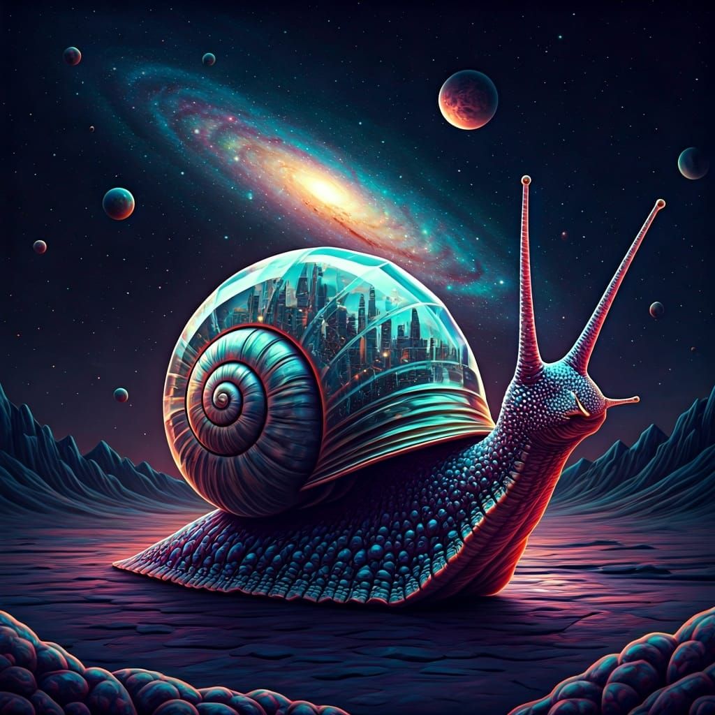 Snails with icrystal shells containing miniature constellations and glowing cityscapes , leading into a vibrant starry g...