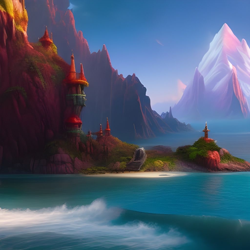 Fantasy shoreline, fantasy buildings, trees, mountains, deta...