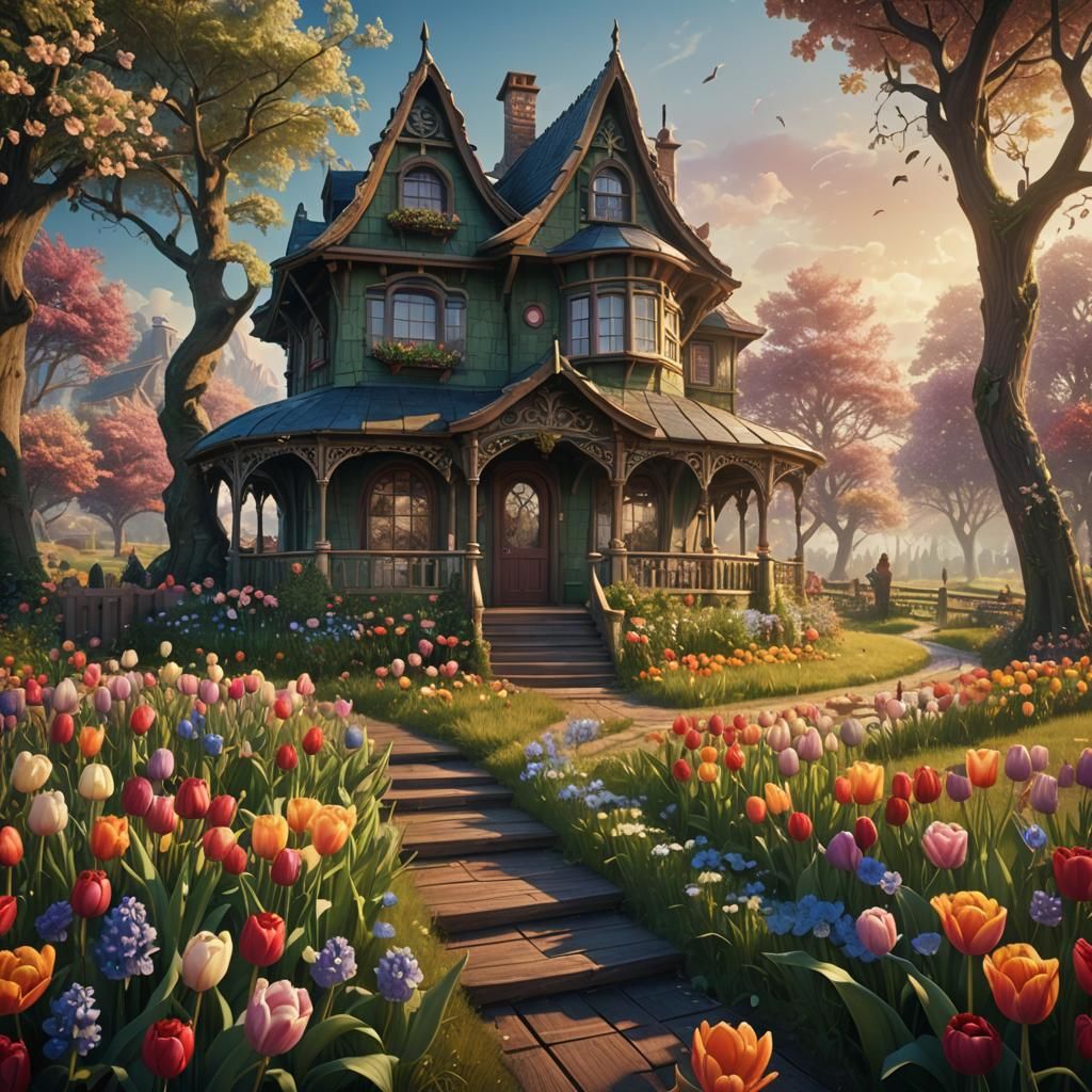 Dreamy Tulip House in Whimsical Surrealism Style