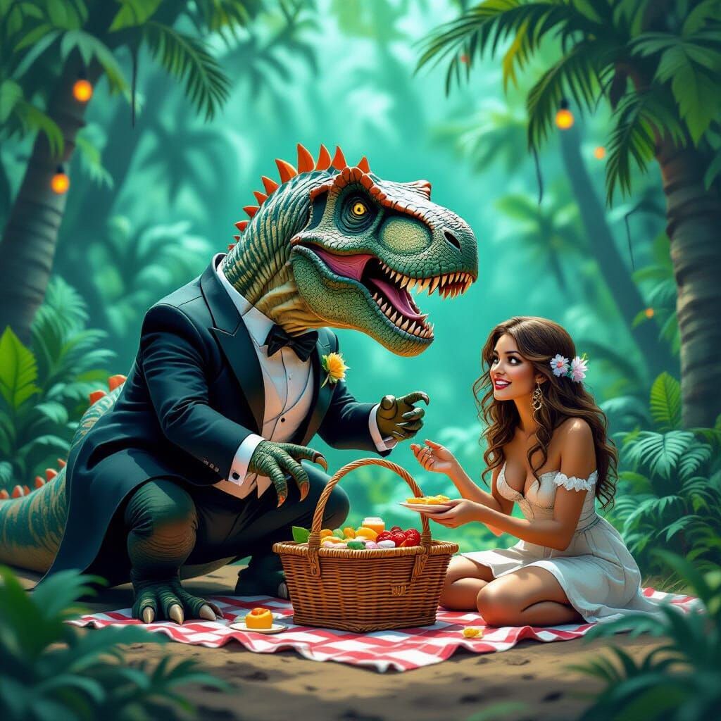 T-Rex on a Date: Prehistoric Picnic in Digital Art