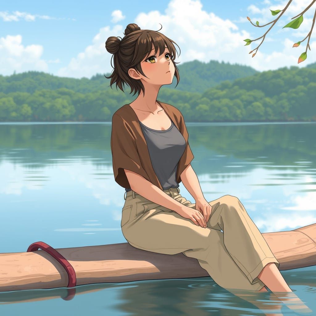 Ethereal Anime-Inspired Scene of a Young Woman on a Drifting...