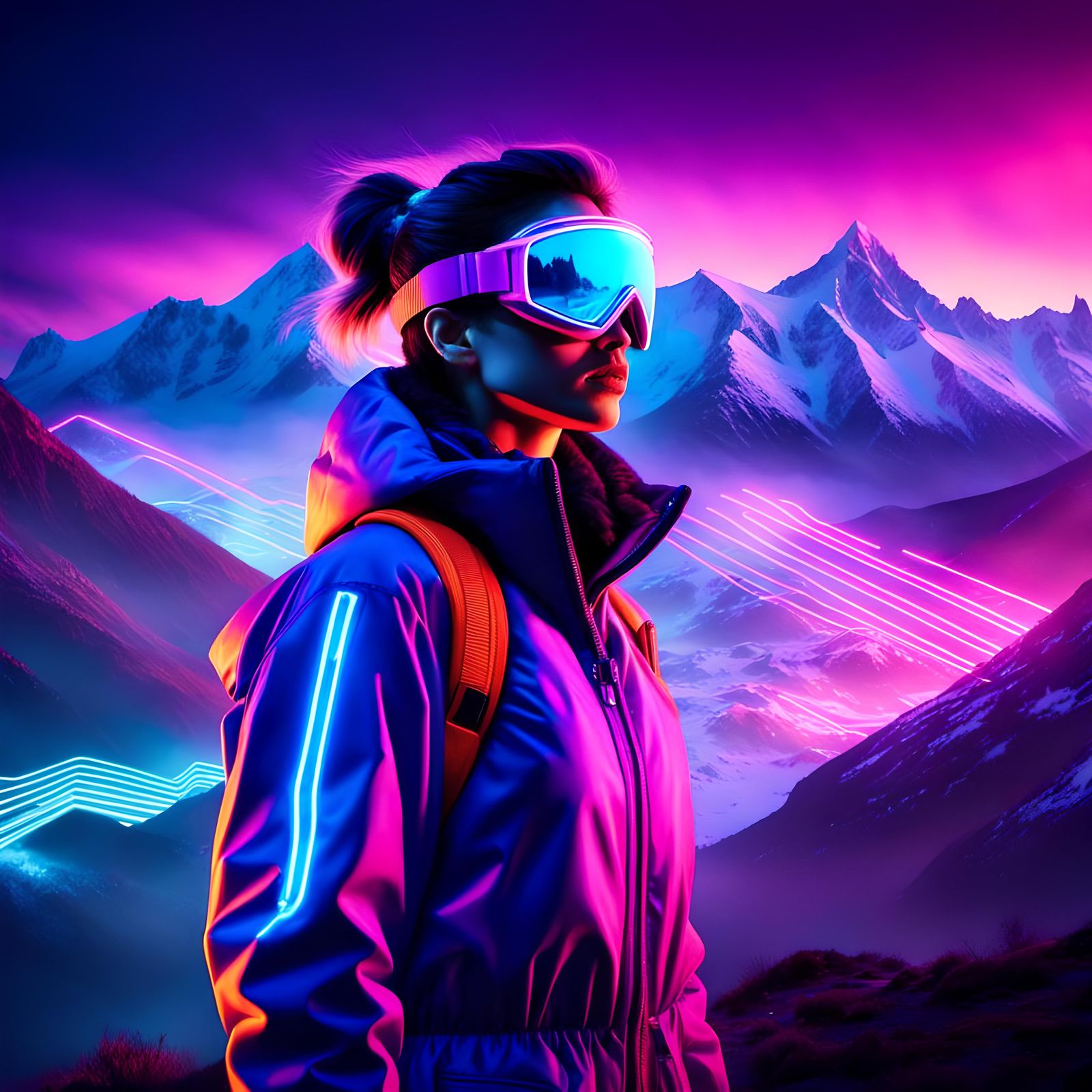 Woman in Snow Goggles, Synthwave Neon Art