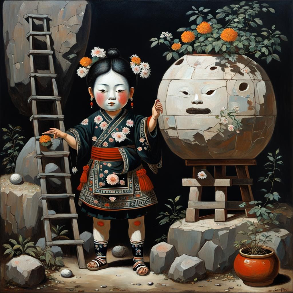 Surreal Stone Doll in Oil Painting Style