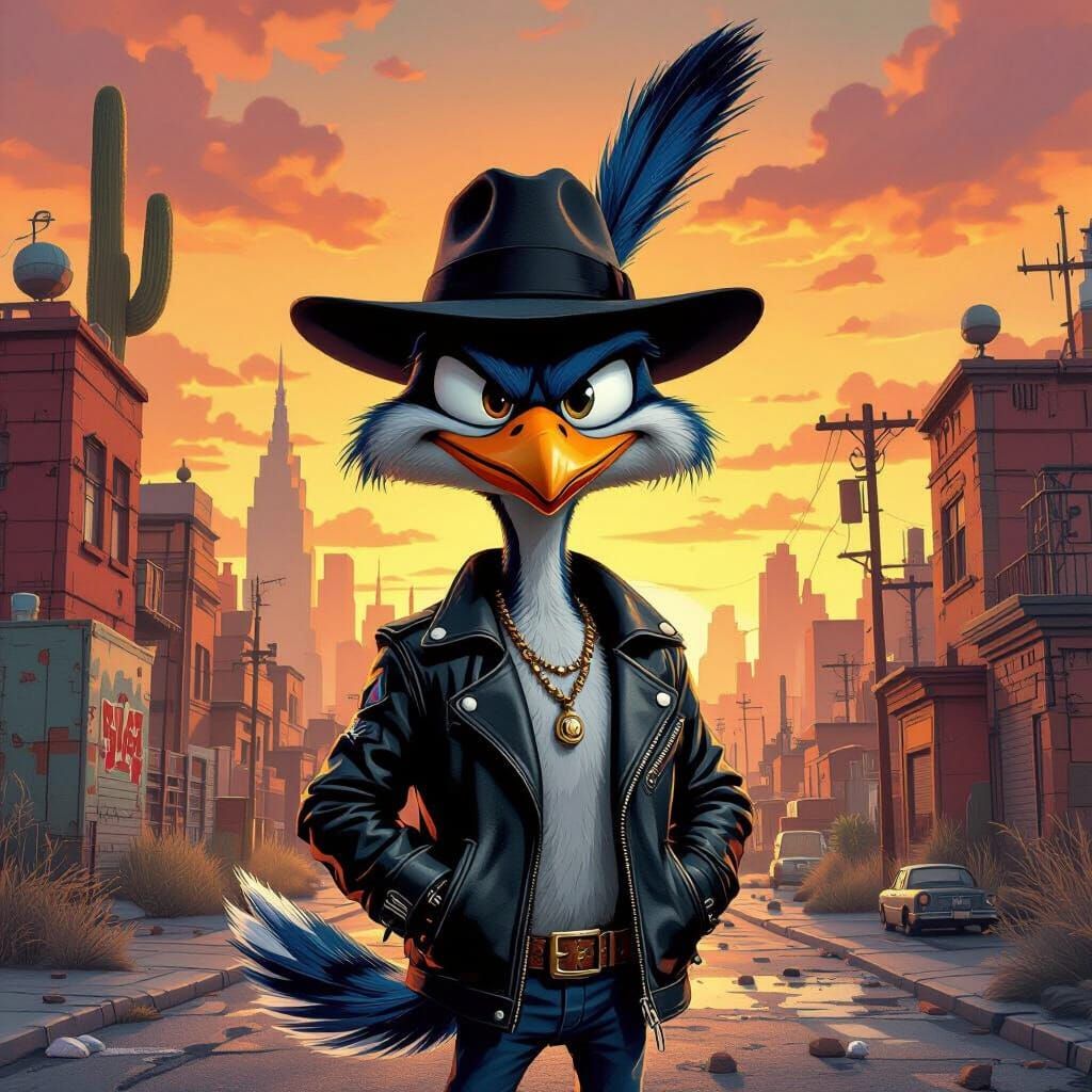 Road Runner Gangster in Gritty Urban Landscape