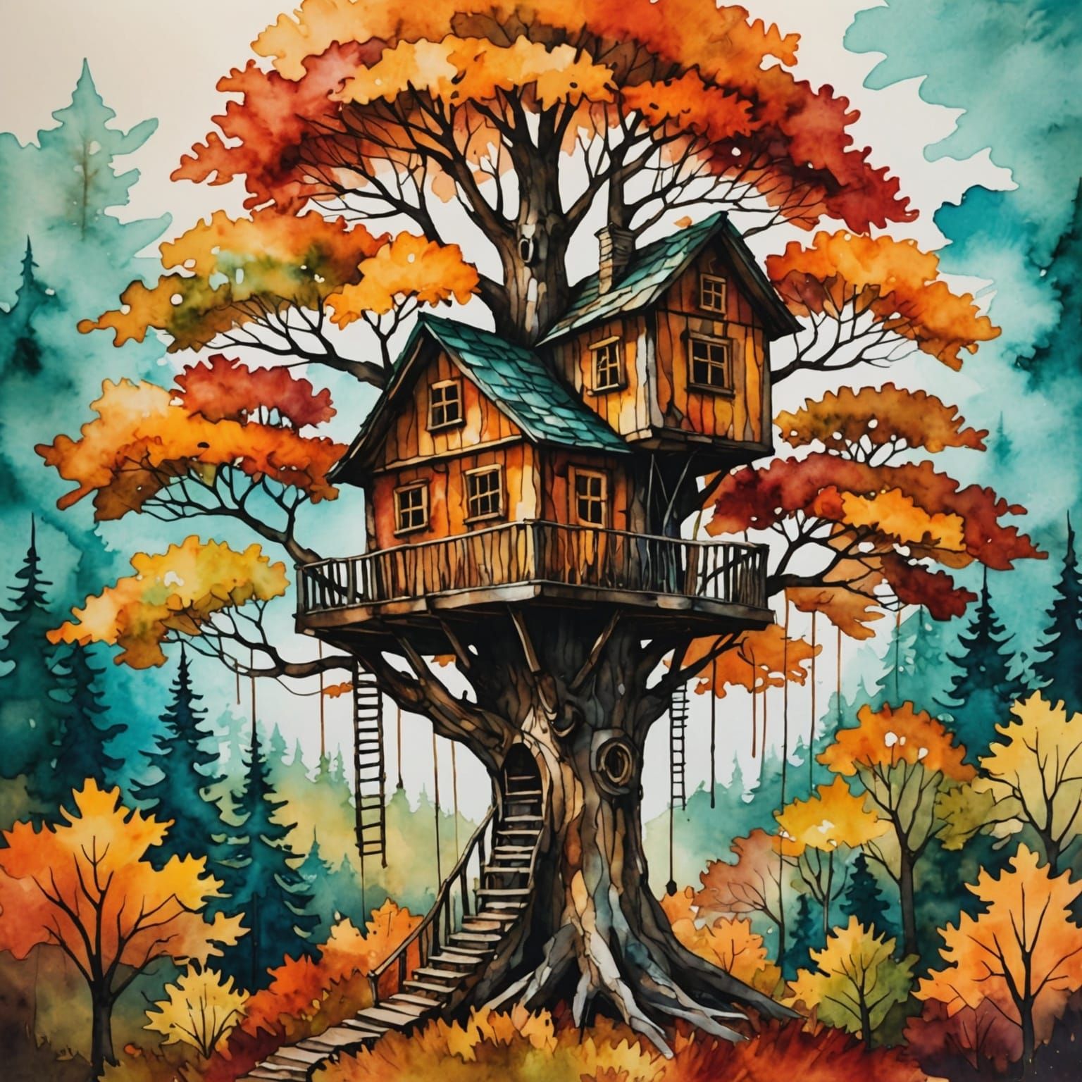Treehouse in Autumnal Forest, Alcohol Ink Style