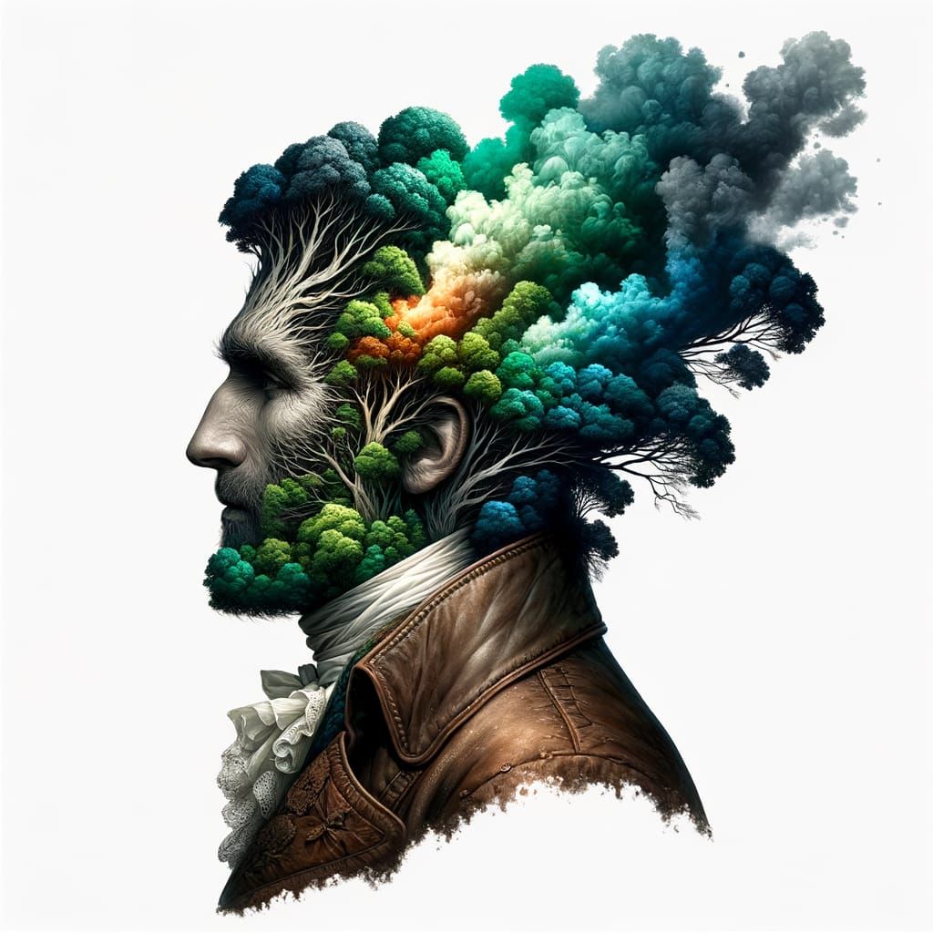 Victorian Man with Forest Wildfire Head, Digital Art