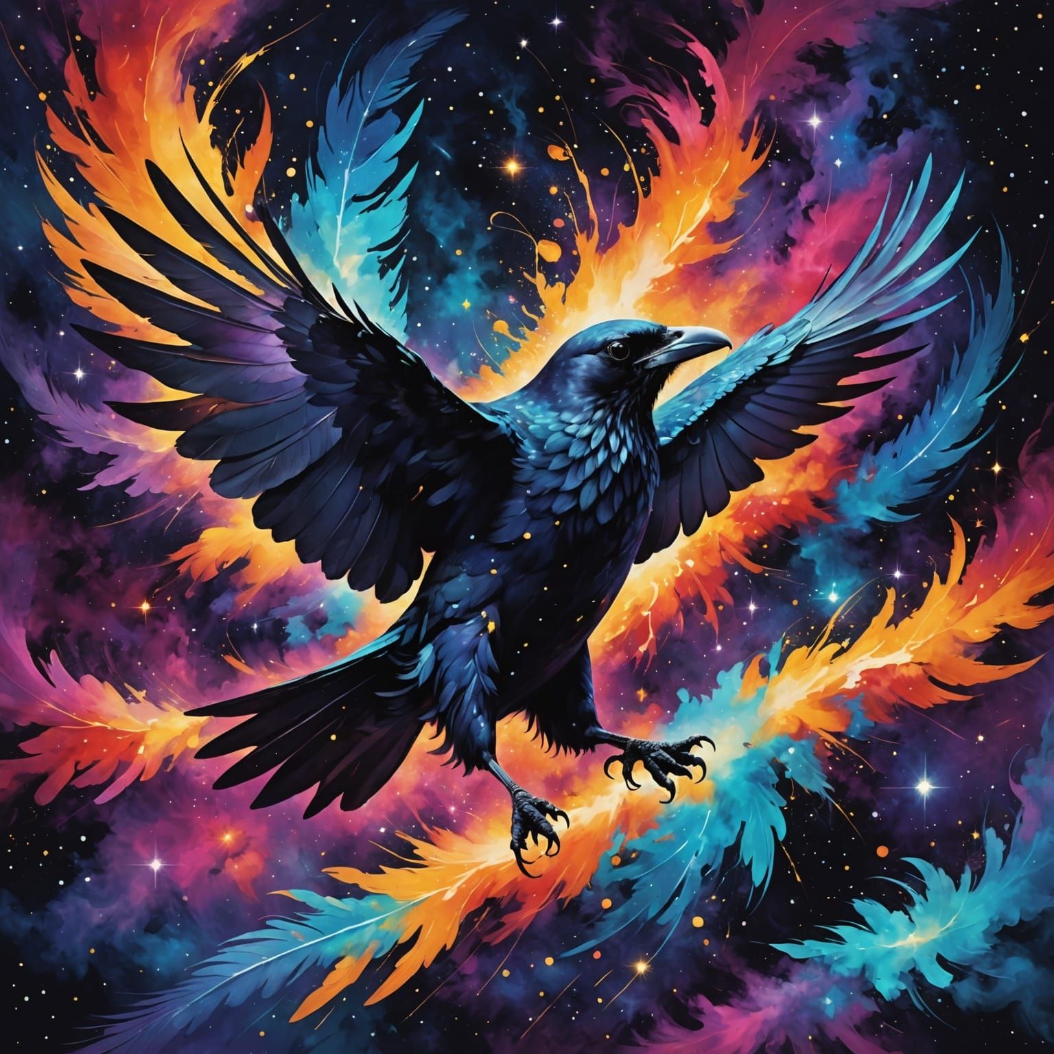 Cosmic Crow Diving Through Nebula in Abstract Digital Art