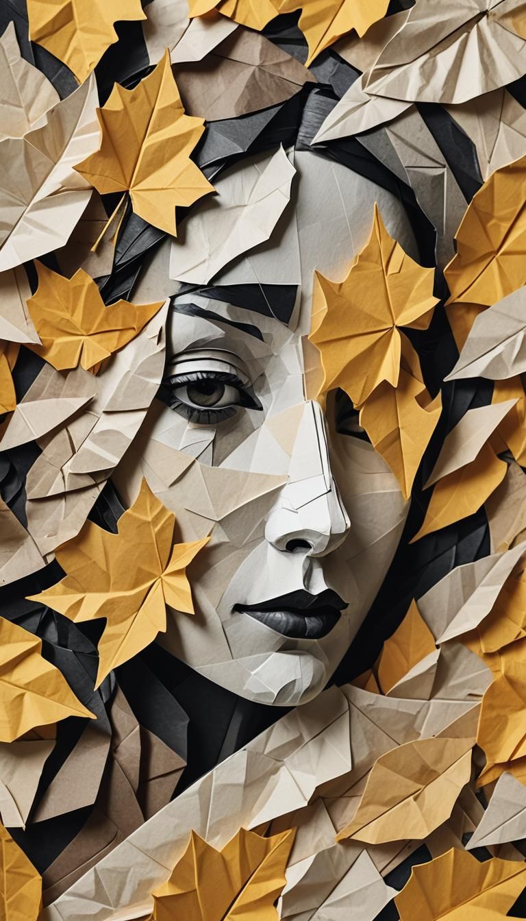 Surrealist Collage of Woman and Autumn Leaves