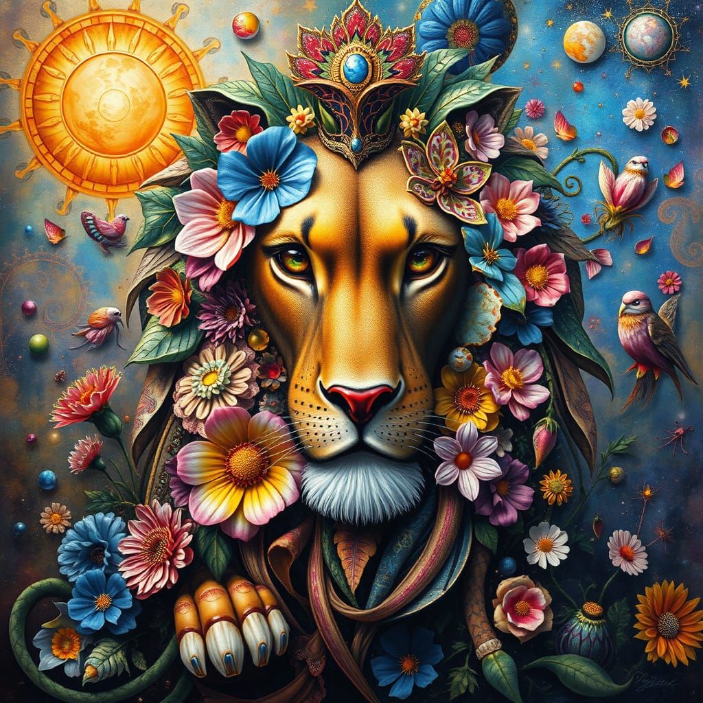 Lion Composed of Flowers and Metals in Psychedelic Art Style