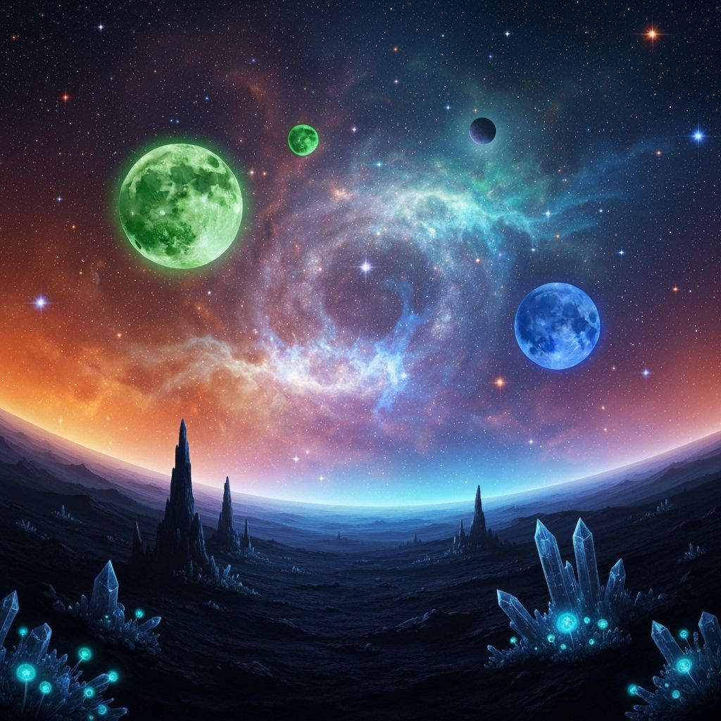 Alien Sky with Swirling Nebulae and Twin Moons