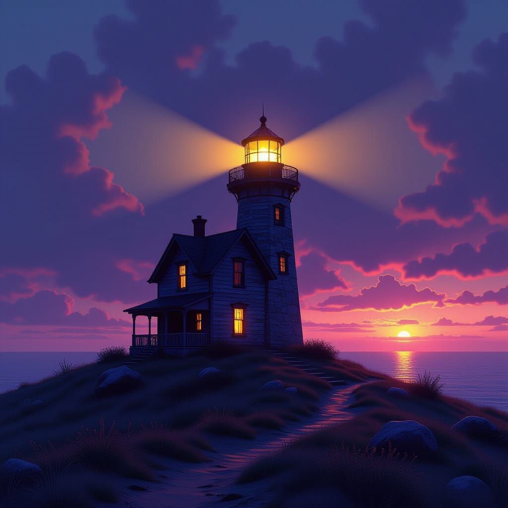 Ethereal Lighthouse House on Hill in Dark Fantasy Style