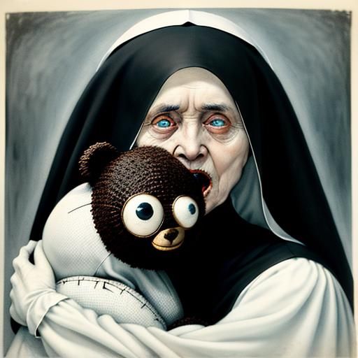 Surreal Nun Hugs Screaming Teddy Bear