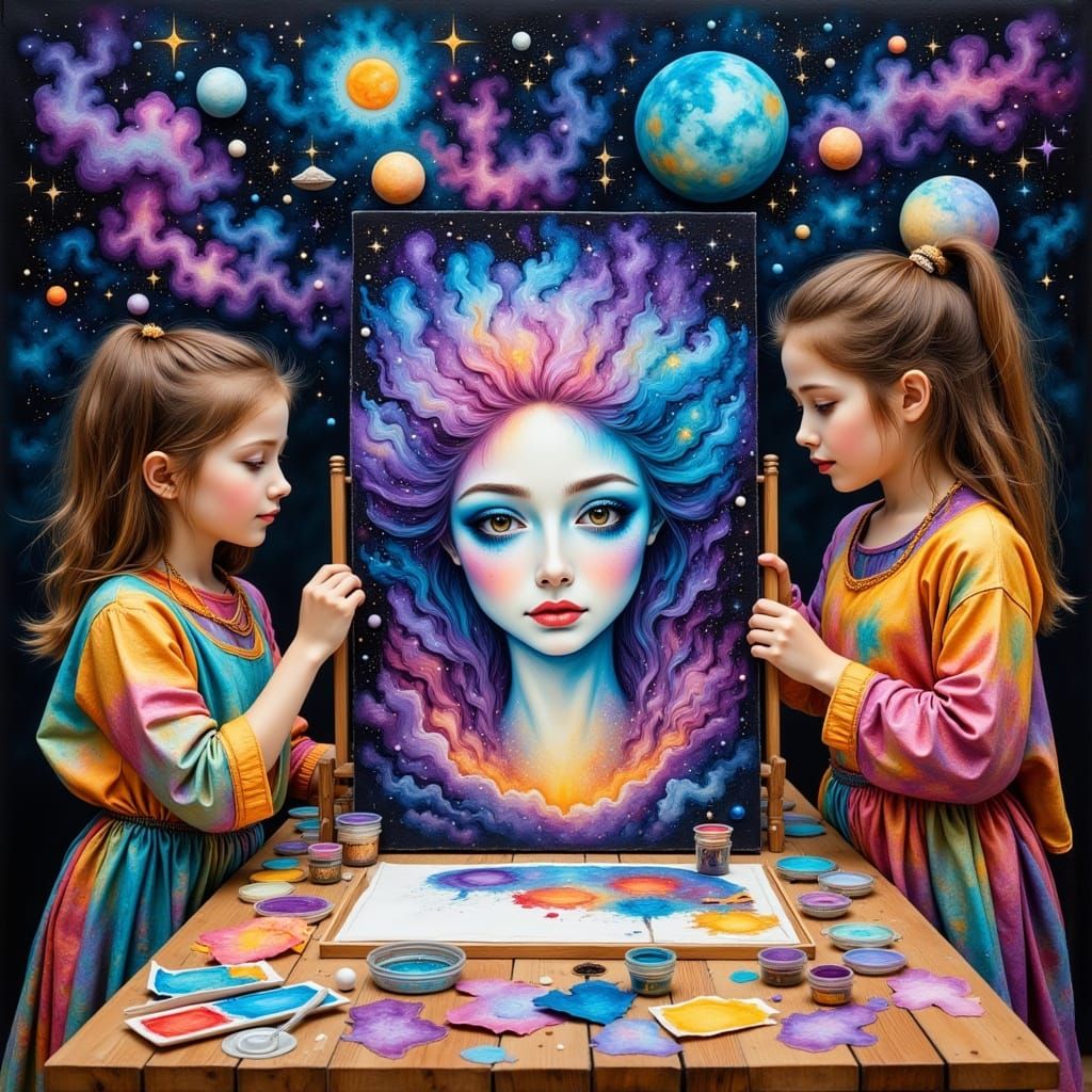 Whimsical Children's Art Studio Scene in Dark Romantic Style