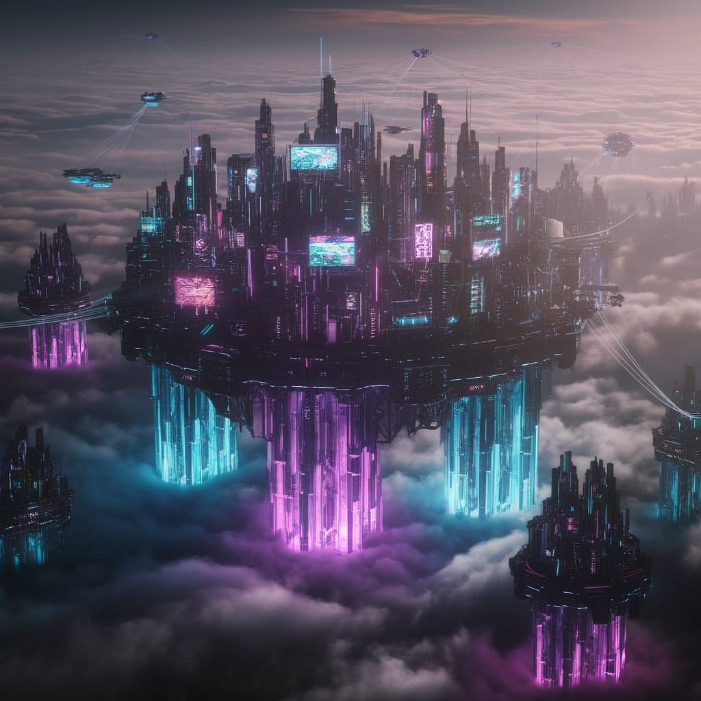 Cyberpunk City Floating in Clouds with Crystal Engines