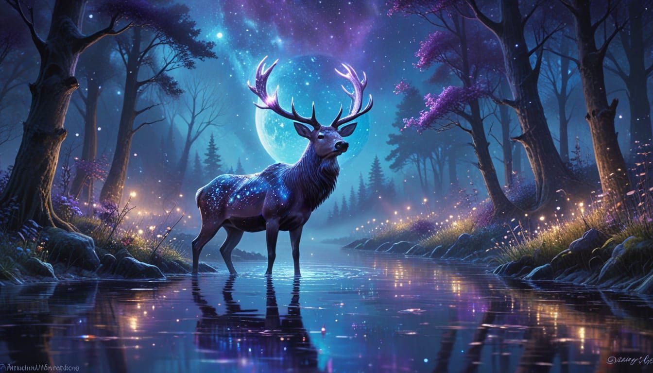 Luminous Stag in Moonlit Lake: Cosmic Fantasy Art