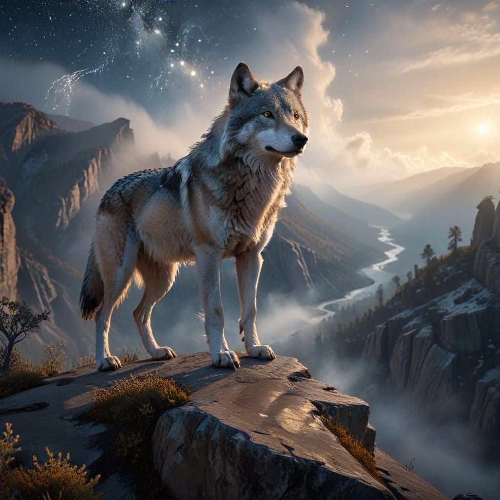 Lone Wolf Spirit Overlooking Wilderness in National Geograph...