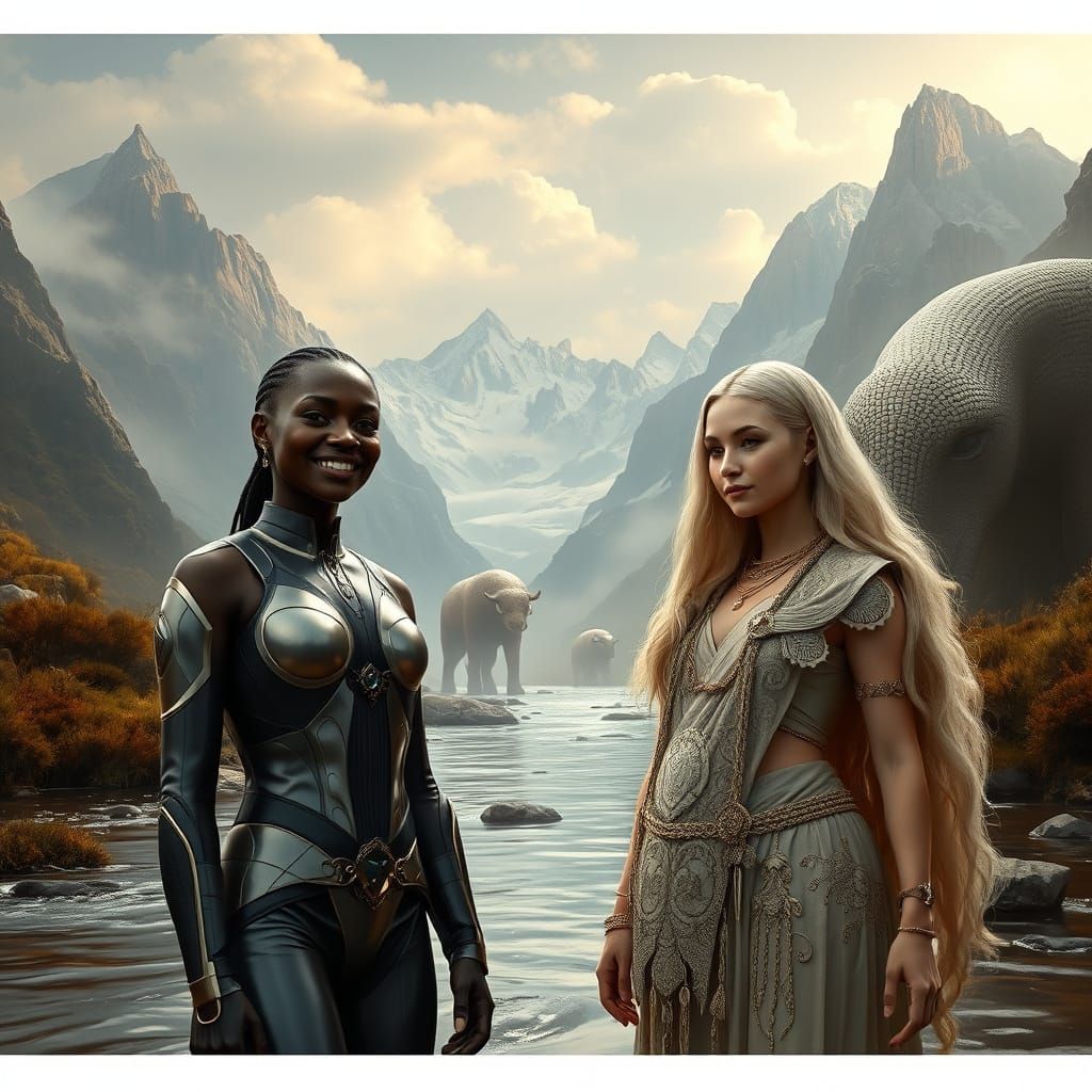 Two Women in a Surreal Mountain Landscape