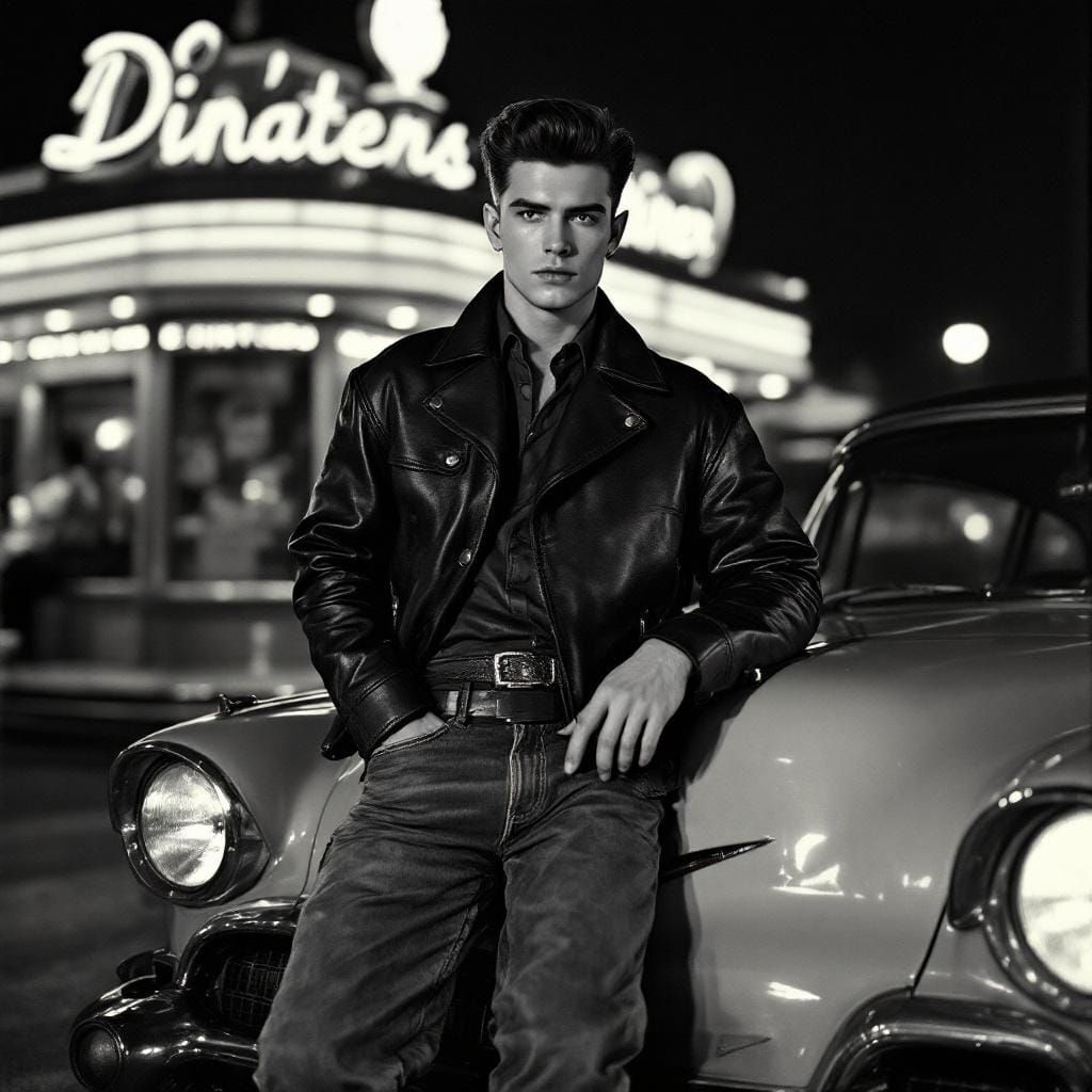 Elven Greaser in 1950s Diner: Vintage Photography Style