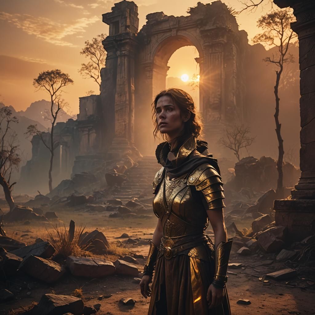 Mysterious Heroine Stands Amidst Ancient Ruins in Vibrant Su...