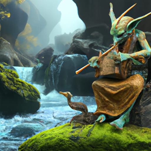 Fossegrim Playing Harp by a River, Detailed Matte Painting