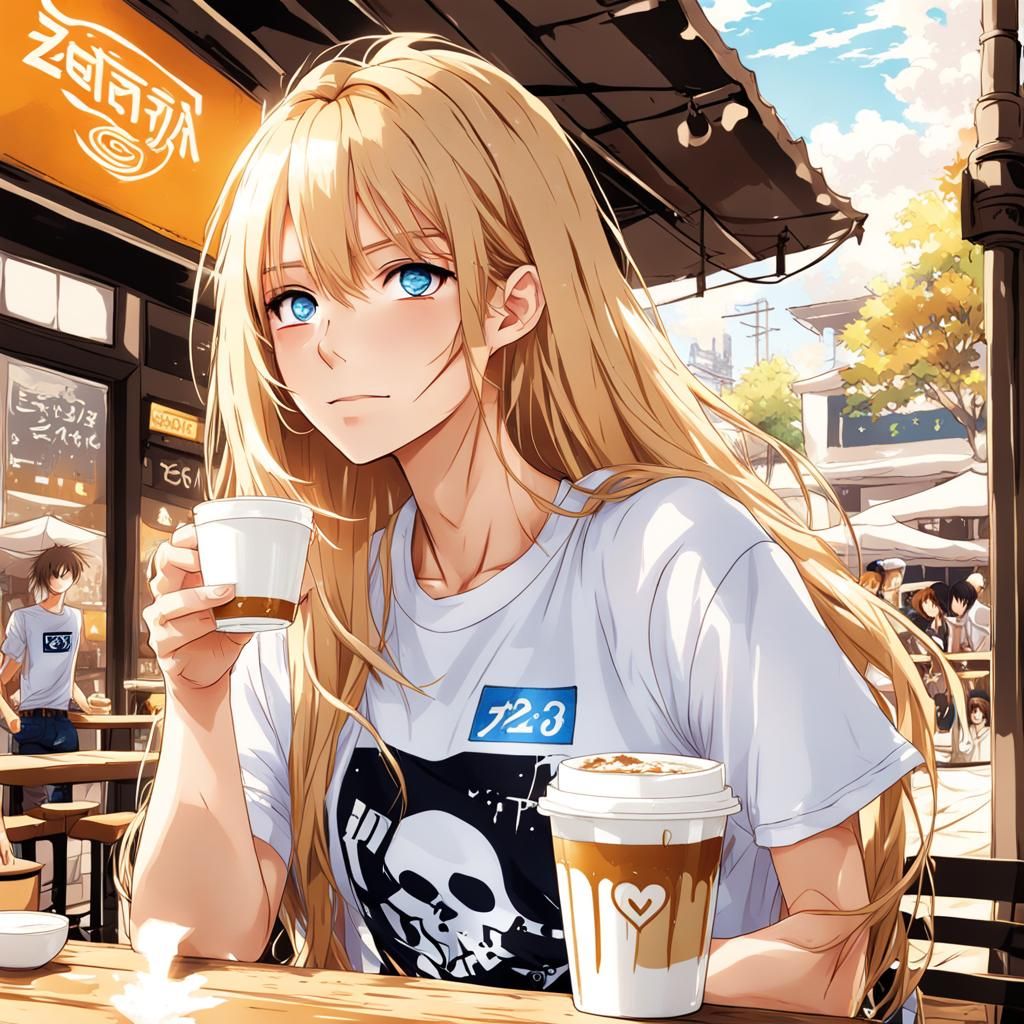 Girl at Cafe in Anime Style