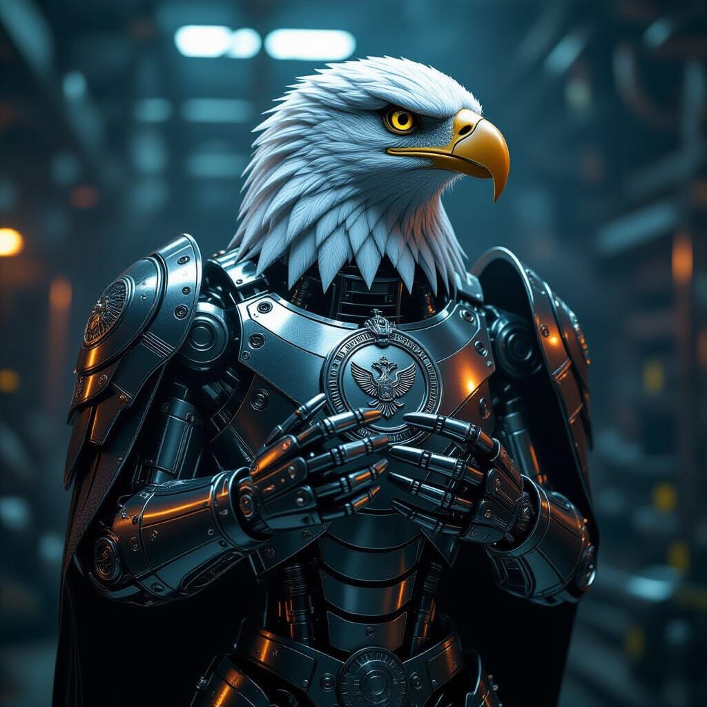 Mechanical Steel Eagle with Silver Badge, Cinematic Style