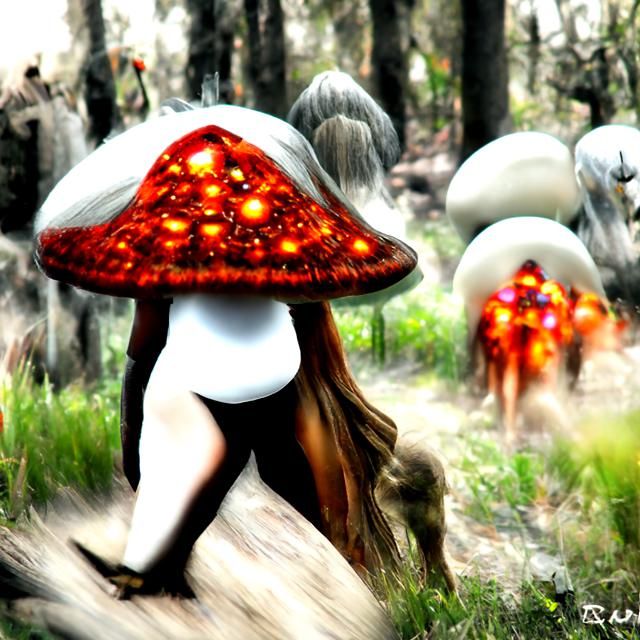 Mystical Woman in High-Detail Mushroom Forest