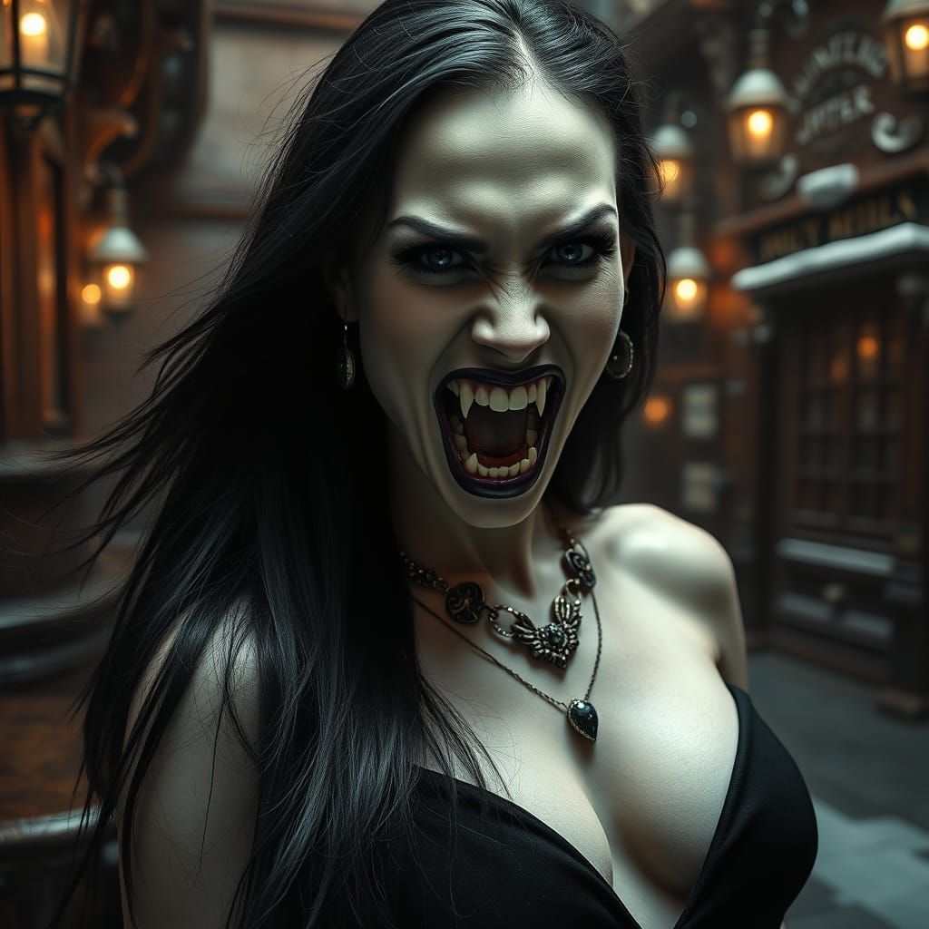 Gothic Vampire Goddess with Fangs and Dark Fantasy